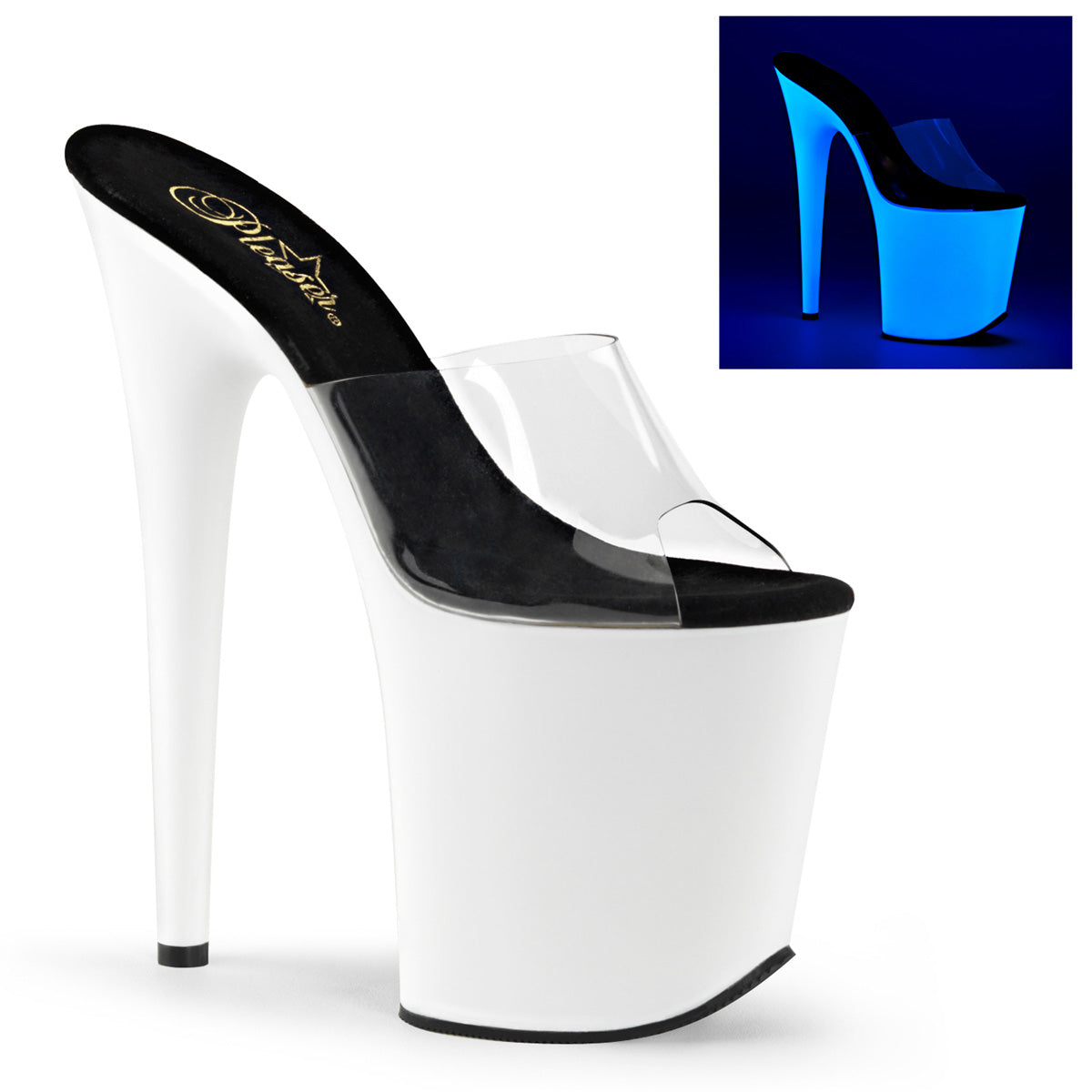 Pleaser FLAMINGO-801UV Clear / Neon White Platform Mules - 8 Inch Heels