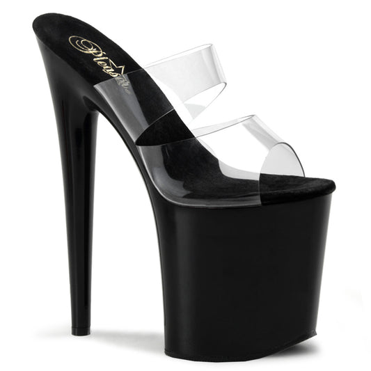 Pleaser FLAMINGO-802 Clear / Black Platform Mules - 8 Inch Heels