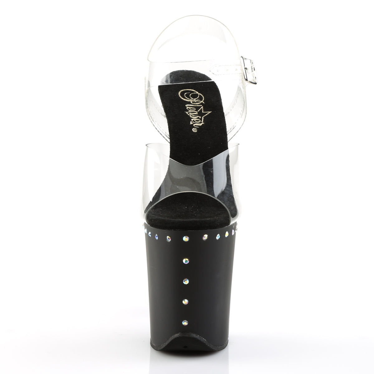 Pleaser FLAMINGO-808ABLS Clear / Black Matte Rhinestone Platform Sandals - 8 Inch Heels