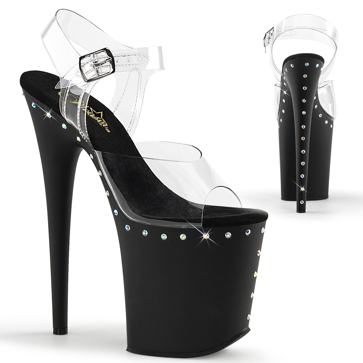 Pleaser FLAMINGO-808ABLS Clear / Black Matte Rhinestone Platform Sandals - 8 Inch Heels