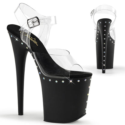 Pleaser FLAMINGO-808ABLS Clear / Black Matte Rhinestone Platform Sandals - 8 Inch Heels