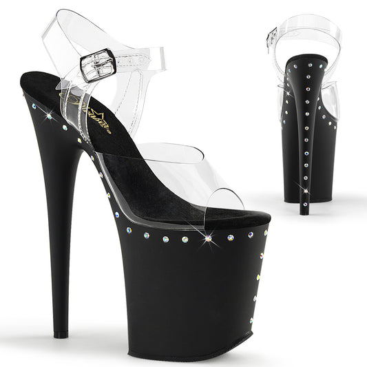 Pleaser FLAMINGO-808ABLS Clear / Black Matte Rhinestone Platform Sandals - 8 Inch Heels