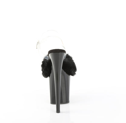 Pleaser FLAMINGO-808FUR Black Faux Fur-Clear / Black Peep Toe Platform Sandals - 8 Inch Heels