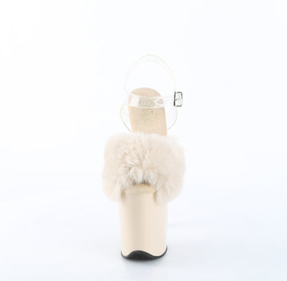 Pleaser FLAMINGO-808FUR Cream Faux Fur-Clear / Cream Peep Toe Platform Sandals - 8 Inch Heels