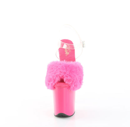 Pleaser FLAMINGO-808FUR Fuchsia Faux Fur-Clear / Fuchsia Peep Toe Platform Sandals - 8 Inch Heels