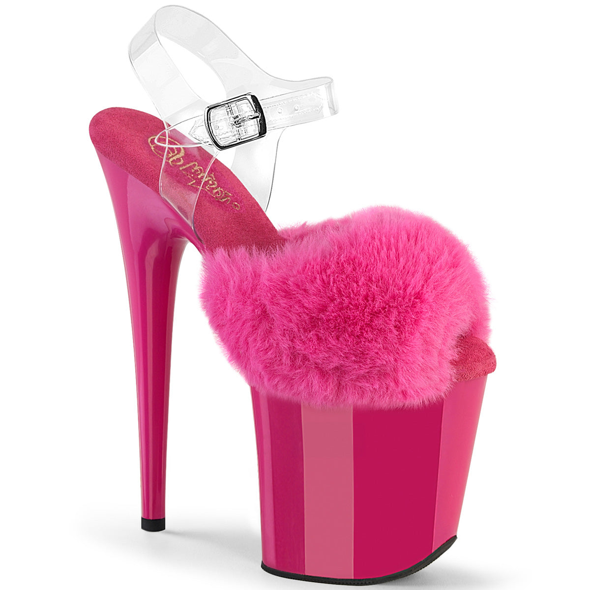 FLAMINGO-808FUR Pleaser Fuchsia 8 Inch Pole Dance Platform Shoes Fuchsia Faux Fur-Clr TPU Fuchsia