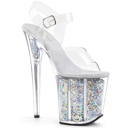 Pleaser FLAMINGO-808GF Clear / Silver Multicolour Glitter Glitter Platform Sandals - 8 Inch Heels