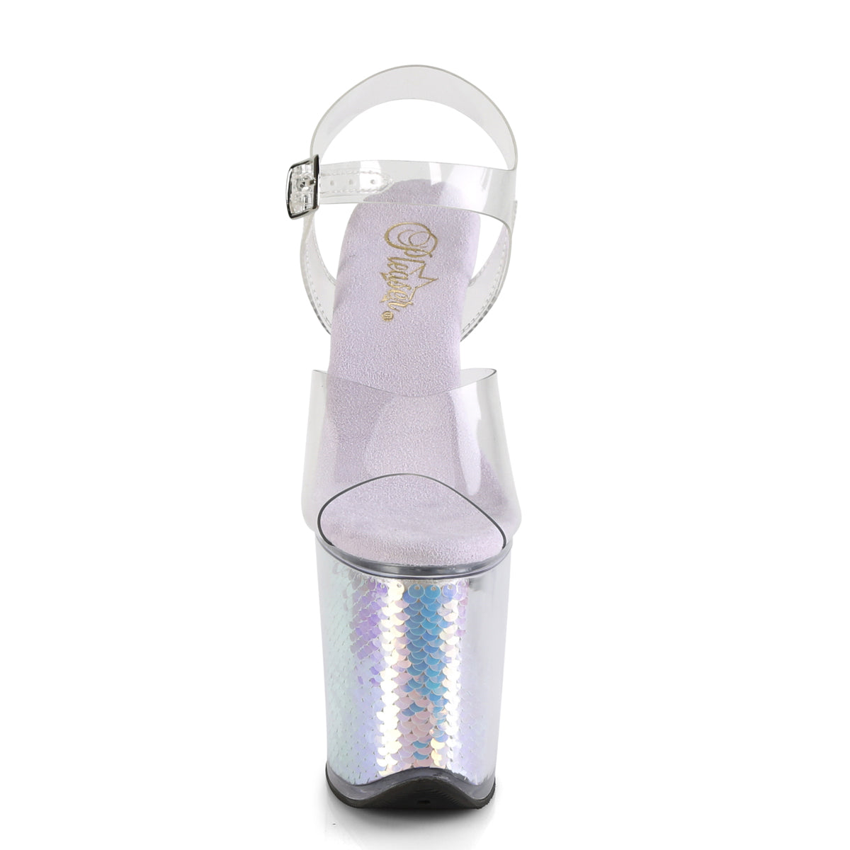 Pleaser FLAMINGO-808MC Clear / Lavender Holographic Inserts Platform Sandals - 8 Inch Heels