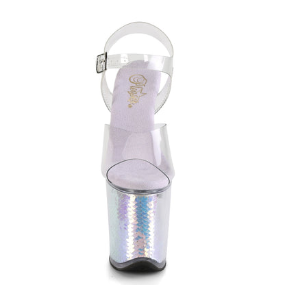 Pleaser FLAMINGO-808MC Clear / Lavender Holographic Inserts Platform Sandals - 8 Inch Heels
