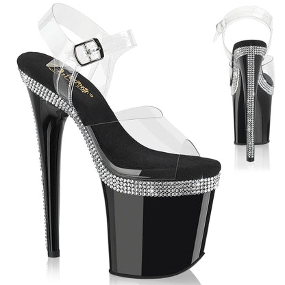 Pleaser FLAMINGO-808MLS Clear / Black Rhinestone Platform Sandals - 8 Inch Heels