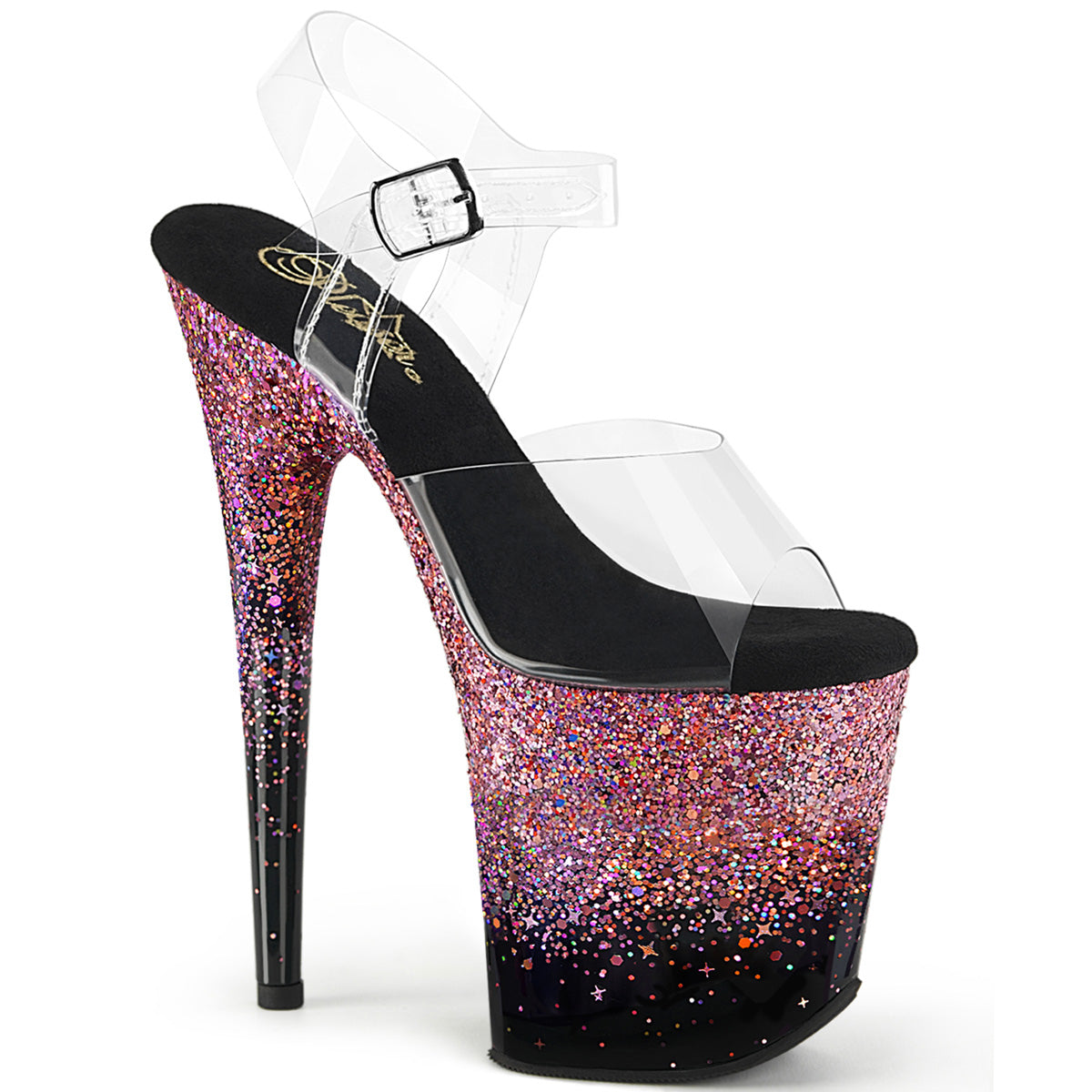 FLAMINGO-808SS Pleaser Pink Glitter 8 Inch High Dancers Pole Heels Clr Blk-Pink Multi Glitter