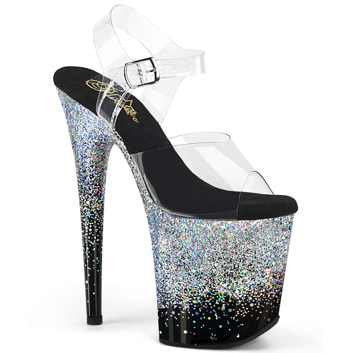 FLAMINGO-808SS Pleaser Silver Multi Glitter 8 Inch Statement Dancer Pole Heels Clr Blk-Slv Multi Glitter