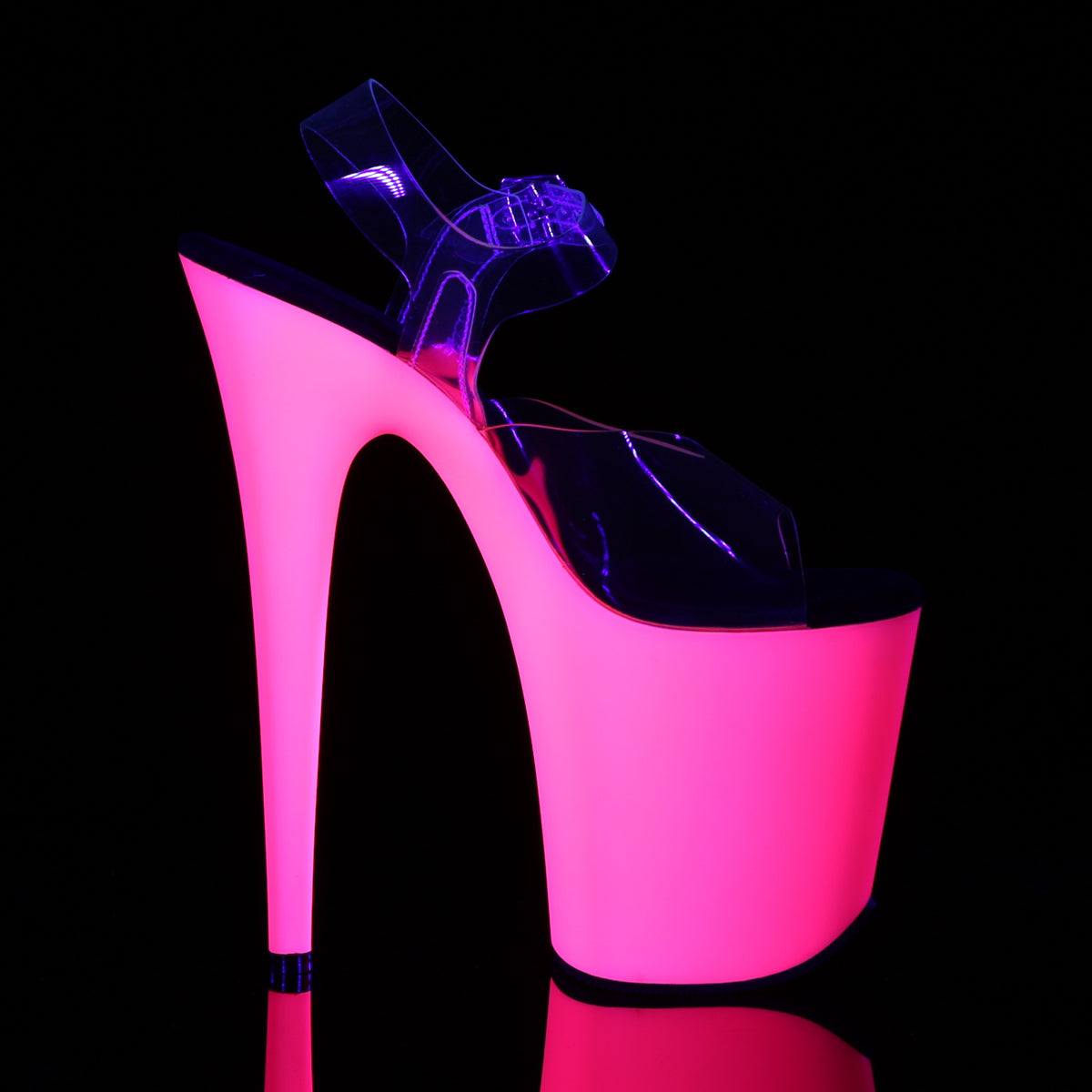 Pleaser FLAMINGO-808UV Clear / Neon Pink Platform Sandals - 8 Inch Heels