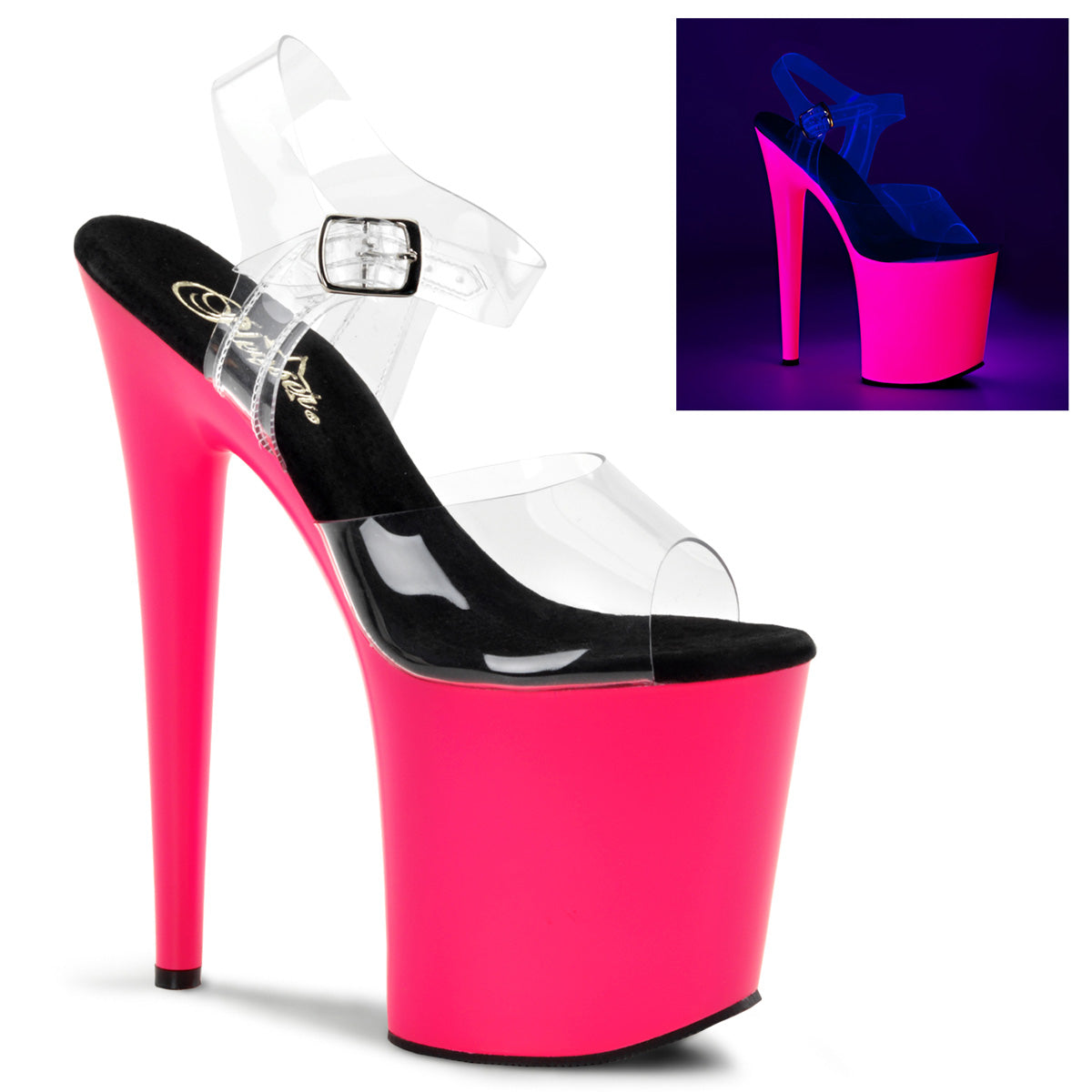 Pleaser FLAMINGO-808UV Clear / Neon Pink Platform Sandals - 8 Inch Heels