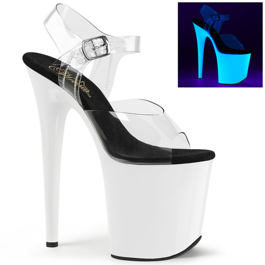 Pleaser FLAMINGO-808UV Clear / Neon White Platform Sandals - 8 Inch Heels