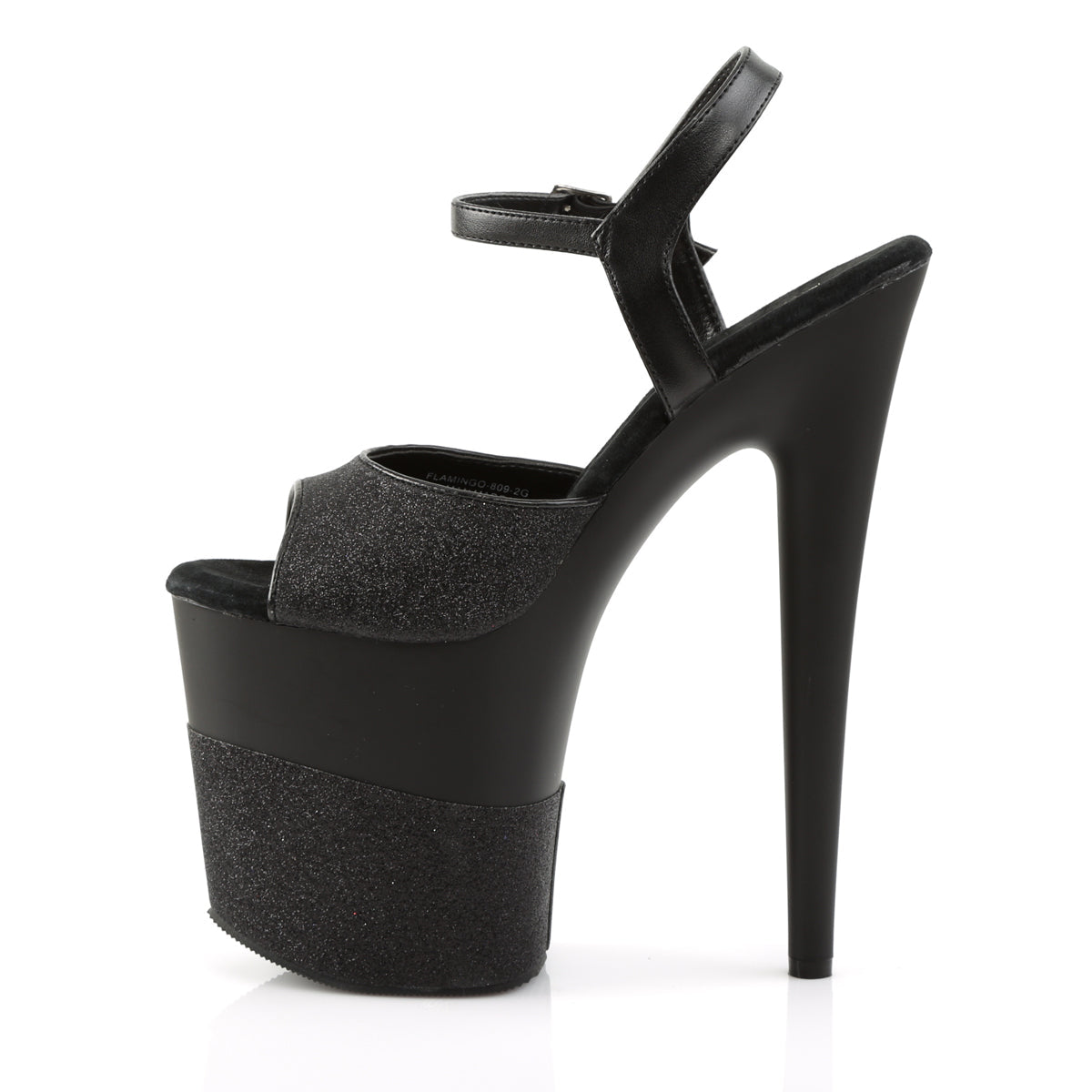 FLAMINGO-809-2G Pleaser Black Glitter 8 Inch Performance High Pole Heels