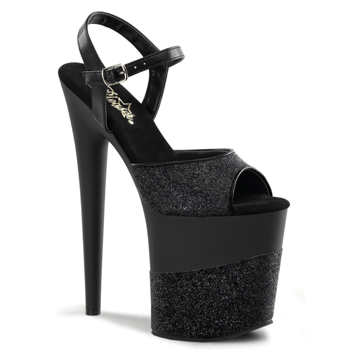 FLAMINGO-809-2G Pleaser Black Glitter 8 Inch Performance High Pole Heels