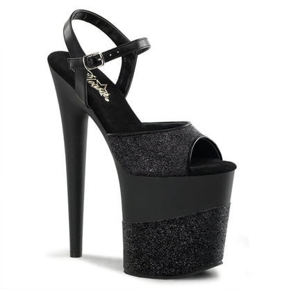 FLAMINGO-809-2G Pleaser Black Glitter 8 Inch Performance High Pole Heels