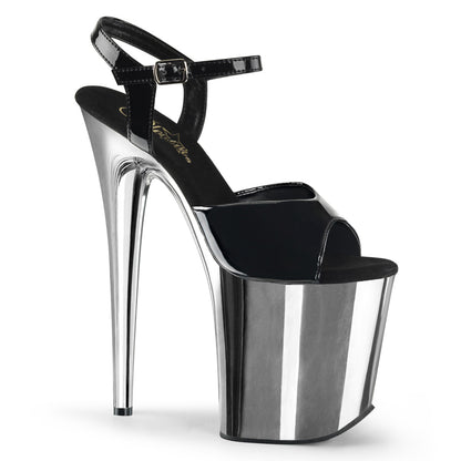 Pleaser FLAMINGO-809 Black / Silver Chrome Platform Sandals - 8 Inch Heels