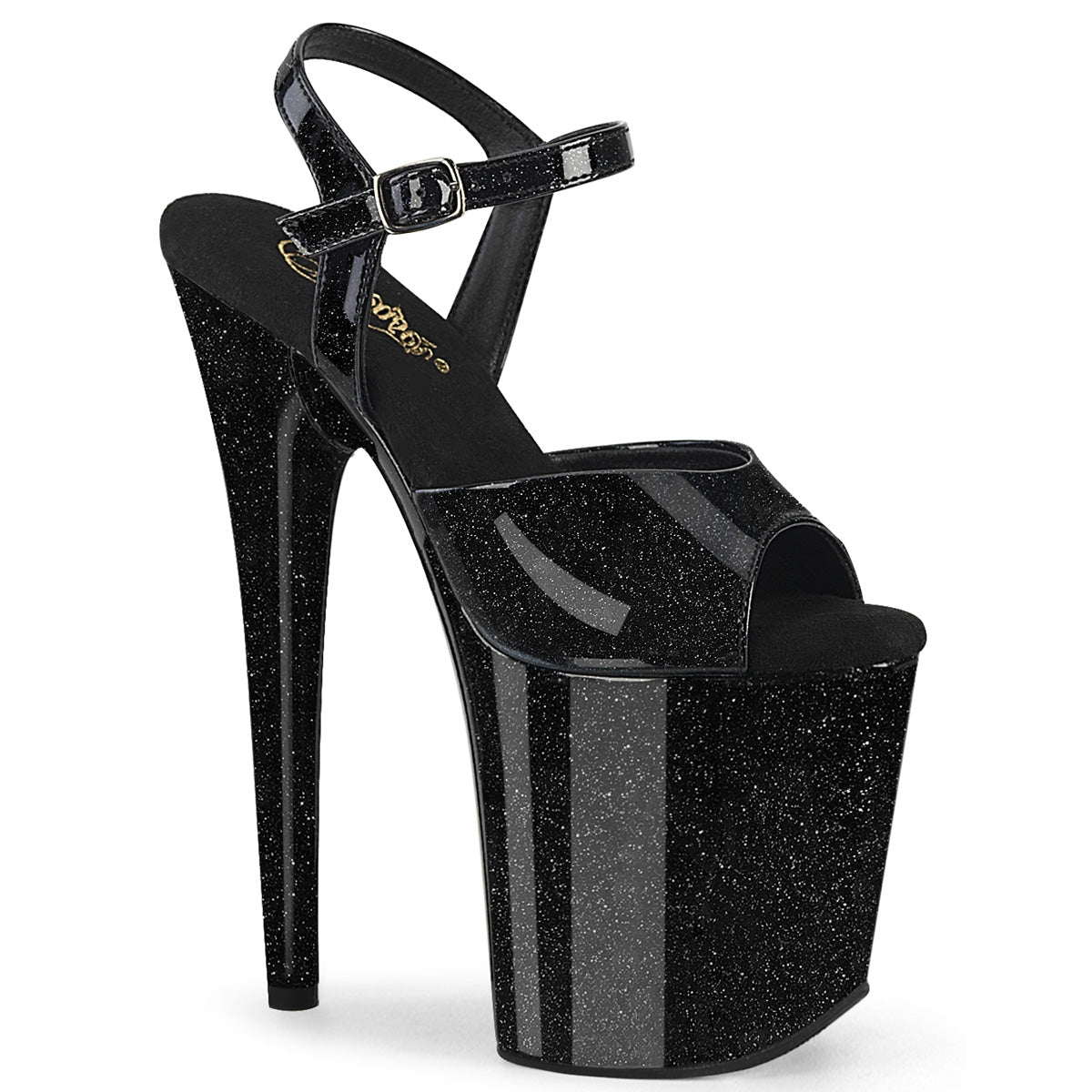 Pleaser FLAMINGO-809GP Black Glitter Platform Sandals - 8 Inch Heels