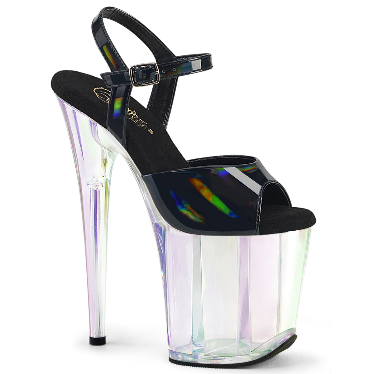 FLAMINGO-809HT Pleaser Black 8 Inch Pole Dance Platform Shoes Blk Holo Pat Holo Tinted