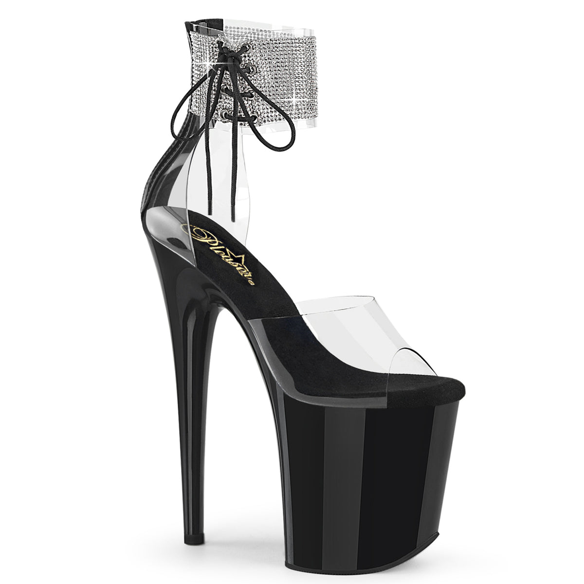 Pleaser FLAMINGO-824RS Clear / Black Rhinestone Platform Sandals - 8 Inch Heels