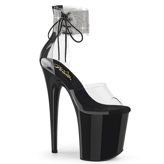 Pleaser FLAMINGO-824RS Clear / Black Rhinestone Platform Sandals - 8 Inch Heels