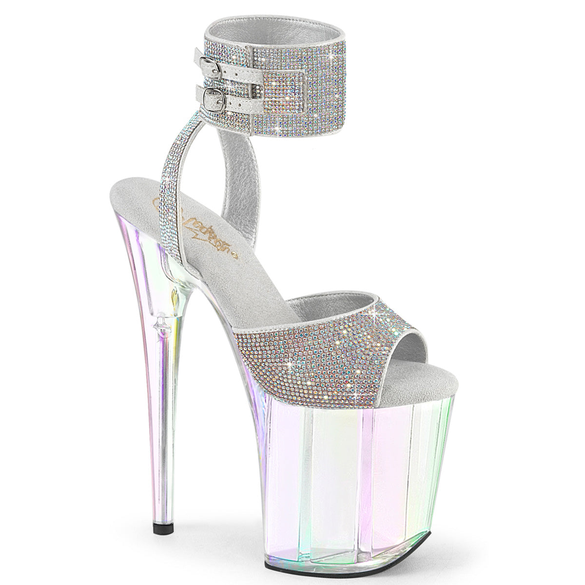 Pleaser FLAMINGO-891HTRS Silver Aurora Borealis Rhinestones-TPU/Holographic Tinted Rhinestone Platform Sandals - 8 Inch Heels