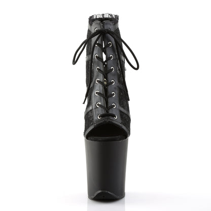 Pleaser FLAMINGO-896LC Black -Lace / Black Matte Lace-Up Open Toe Platform Ankle Boots - 8 Inch Heels