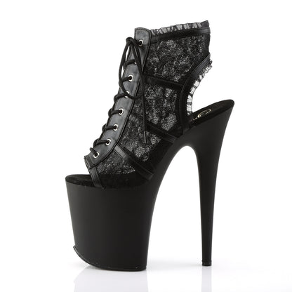 Pleaser FLAMINGO-896LC Black -Lace / Black Matte Lace-Up Open Toe Platform Ankle Boots - 8 Inch Heels