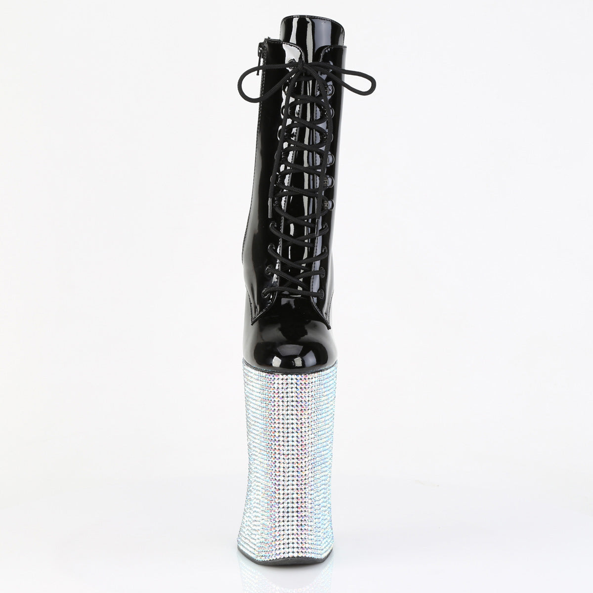 Pleaser FORBIDDEN-1020BEJ Black / Silver Aurora Borealis Rhinestones Rhinestone Lace-Up Platform Ankle Boots - 11 Inch Heels