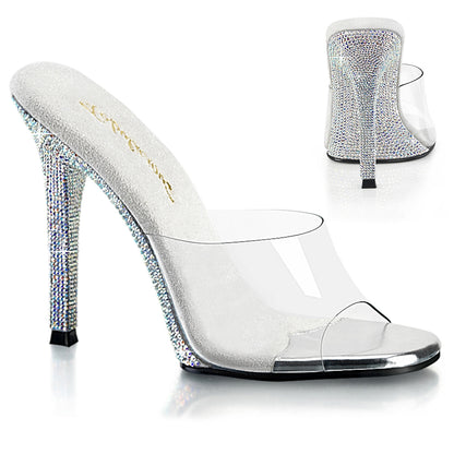 Fabulicious GALA-01DM Clear / Silver Aurora Borealis Rhinestones Rhinestone Mules - 4 1/2 Inch Heels