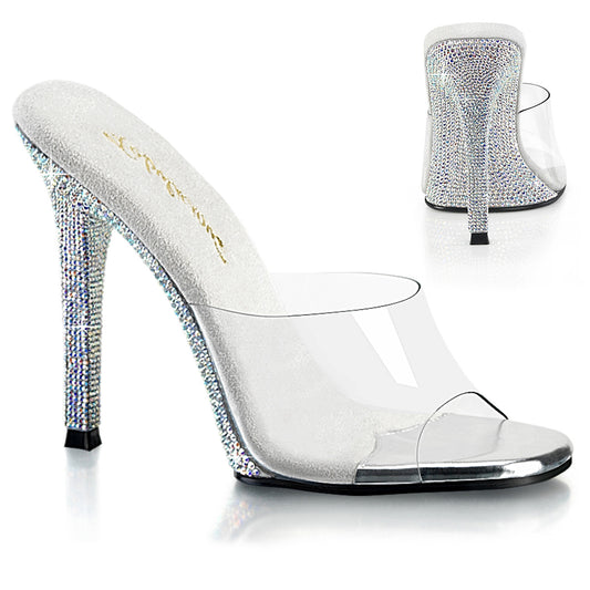 Fabulicious GALA-01DM Clear / Silver Aurora Borealis Rhinestones Rhinestone Mules - 4 1/2 Inch Heels