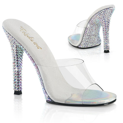 Fabulicious GALA-01DML Clear / Silver Aurora Borealis Rhinestones Rhinestone Mules - 4 1/2 Inch Heels