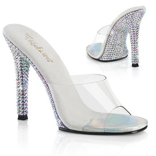 Fabulicious GALA-01DML Clear / Silver Aurora Borealis Rhinestones Rhinestone Mules - 4 1/2 Inch Heels