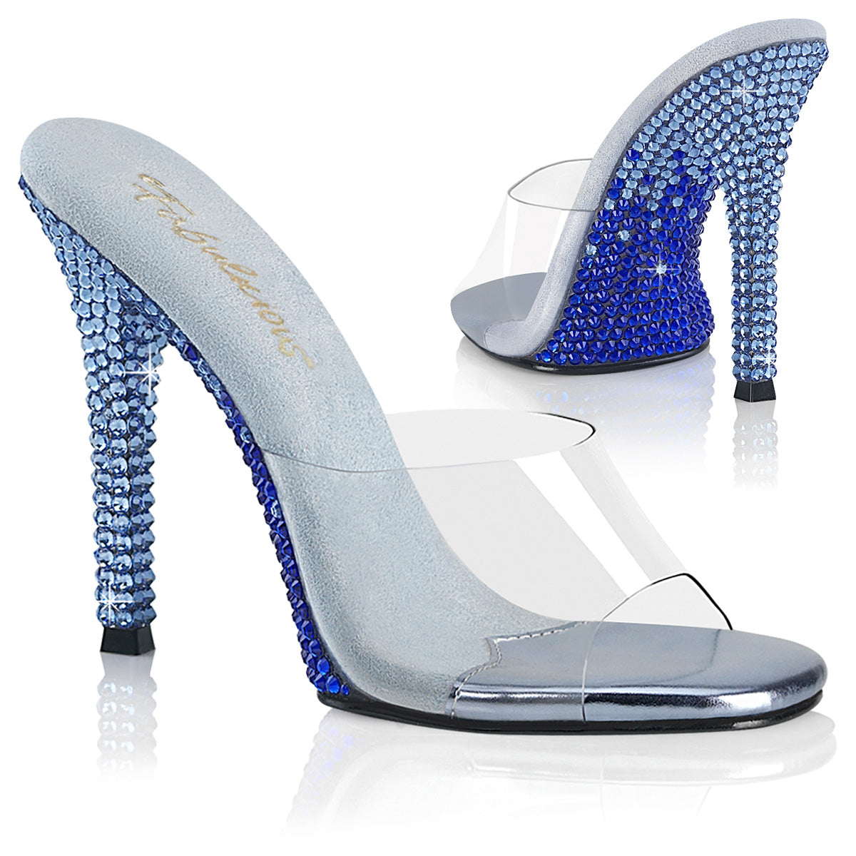 Fabulicious GALA-01DMM Clear / Baby Blue Multicolour Rhinestones Rhinestone Mules - 4 1/2 Inch Heels