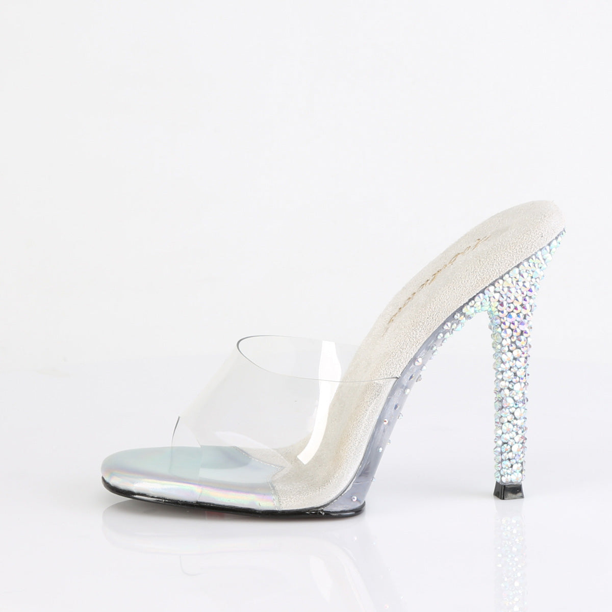 Fabulicious GALA-01DSP Clear / Silver Aurora Borealis Rhinestones Rhinestone Mules - 4 1/2 Inch Heels