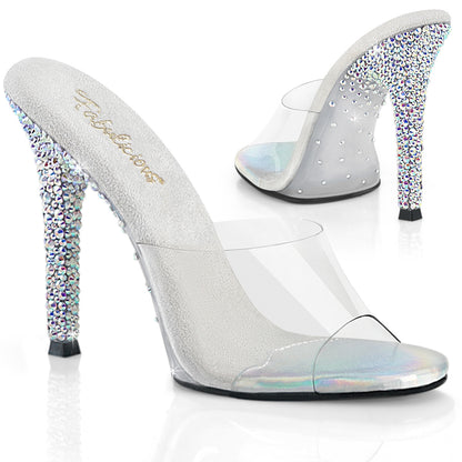 Fabulicious GALA-01DSP Clear / Silver Aurora Borealis Rhinestones Rhinestone Mules - 4 1/2 Inch Heels