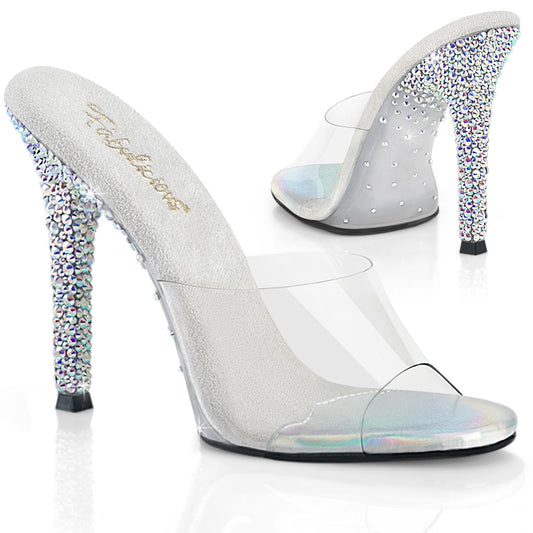 Fabulicious GALA-01DSP Clear / Silver Aurora Borealis Rhinestones Rhinestone Mules - 4 1/2 Inch Heels