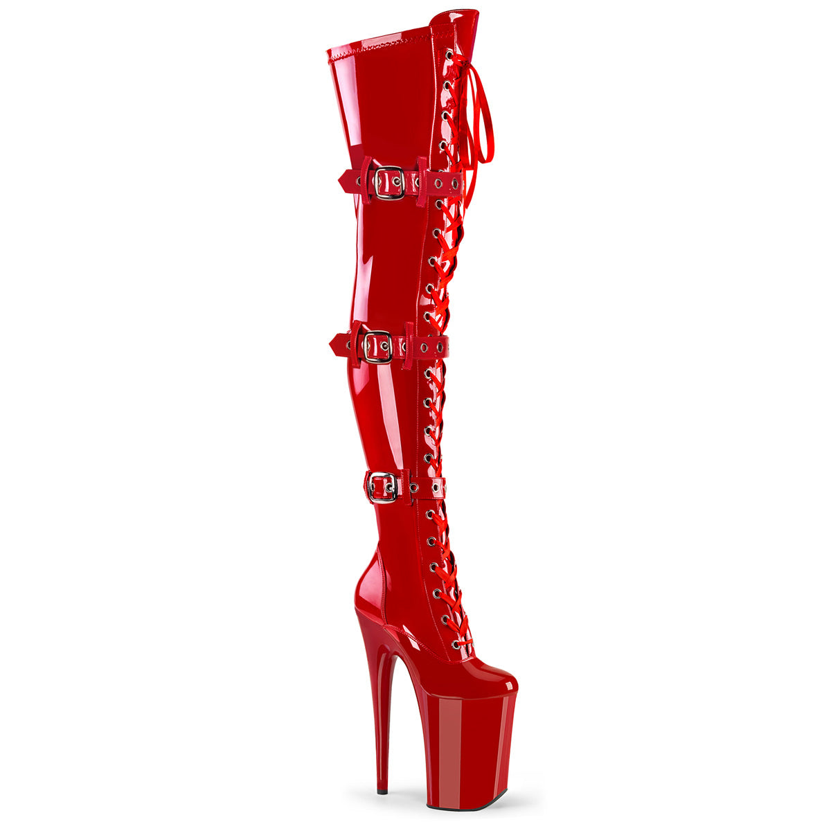 INFINITY-3028 Pleaser Red 9 Inch Extreme High Thigh Highs Red Str Pat Red