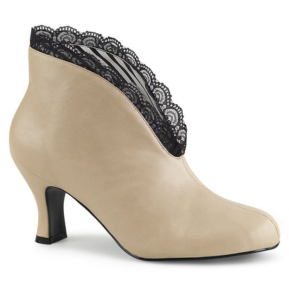 Pleaser Pink Label JENNA-105 Cream -Black Lace Ankle Boots - 3 Inch Heels Cream Faux Leather-Blk Lace