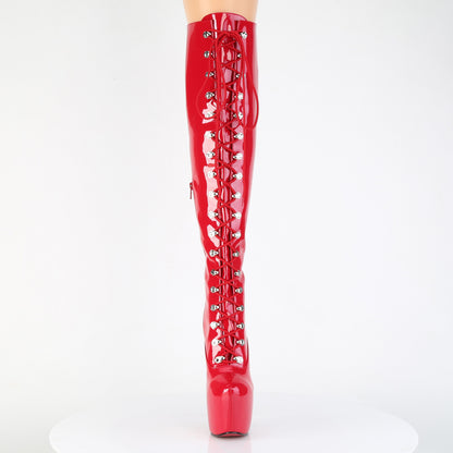 Pleaser JUBILANT-3012 Red Lace-Up Platform Over the Knee Boots - 7 Inch Heels