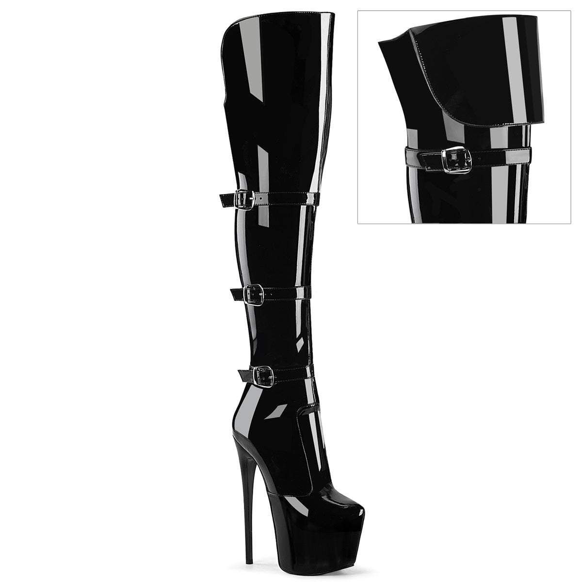 JUBILANT-3018 Pleaser Black Patent 7 Inch Pole Dancing Thigh Boots Blk Str. Pat
