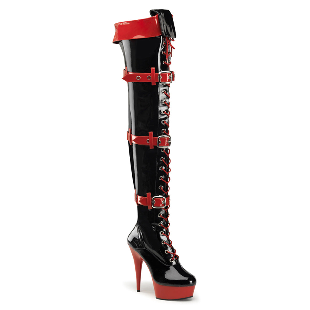 Funtasma MEDIC-3028 Black-Red / Red Lace-Up Platform Thigh High Boots - 6 Inch Heels