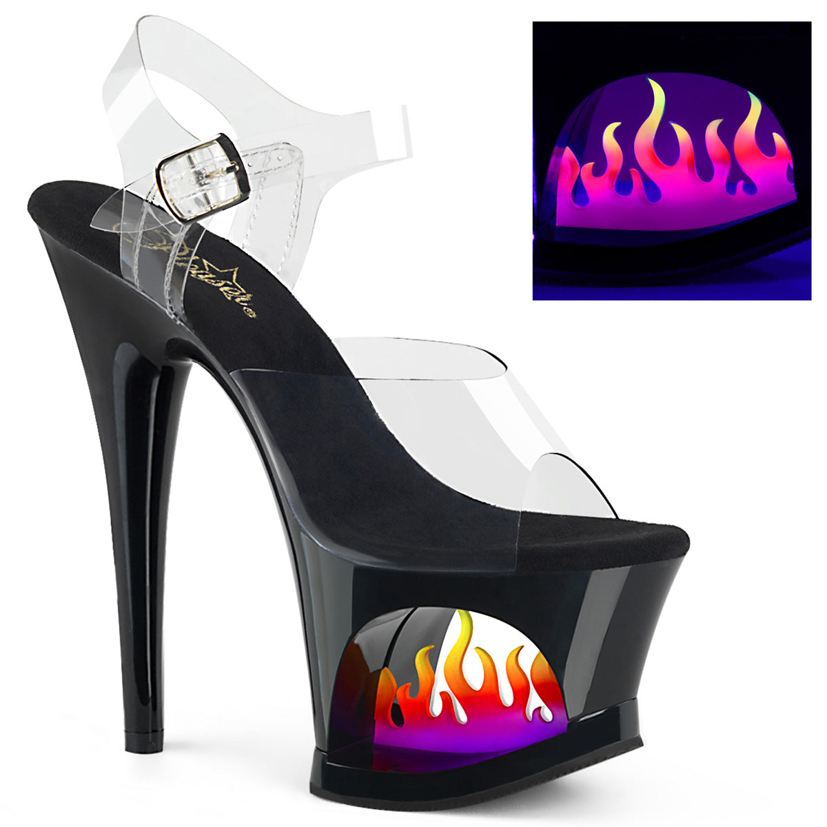 MOON-708FLM Pleaser Clear Ombre 7 Inch Exotic Dancing Platform Shoes Clear Black-Ombre