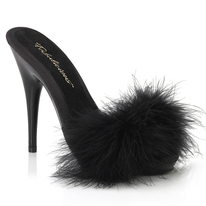 POISE-501F Fabulicious Black Satin 5 Inch Bedroom Shoes Black Satin-Marabou Fur Black
