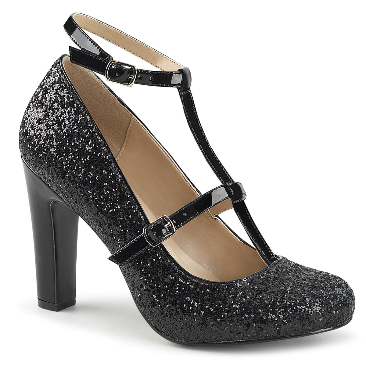 QUEEN-01 Pleaser Pink Label Black Glitter 4 Inch Exotic Single Soles Blk Gltr-Pat