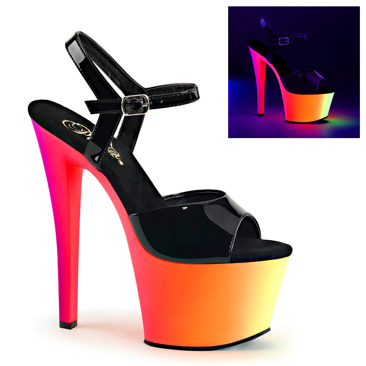 RAINBOW-309UV Pleaser 7" - 7 1/2" Heel Black Pat/Neon Multi Platforms (Exotic Dancing)
