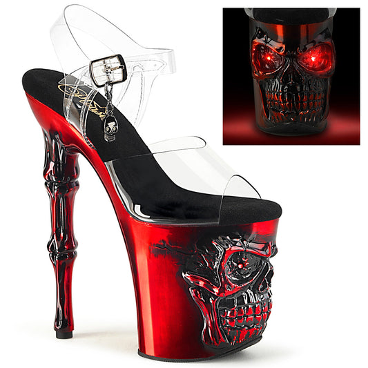 RAPTURE-808-LT Pleaser Satin Red Chrome 8 Inch Pole Dance Platform Heels