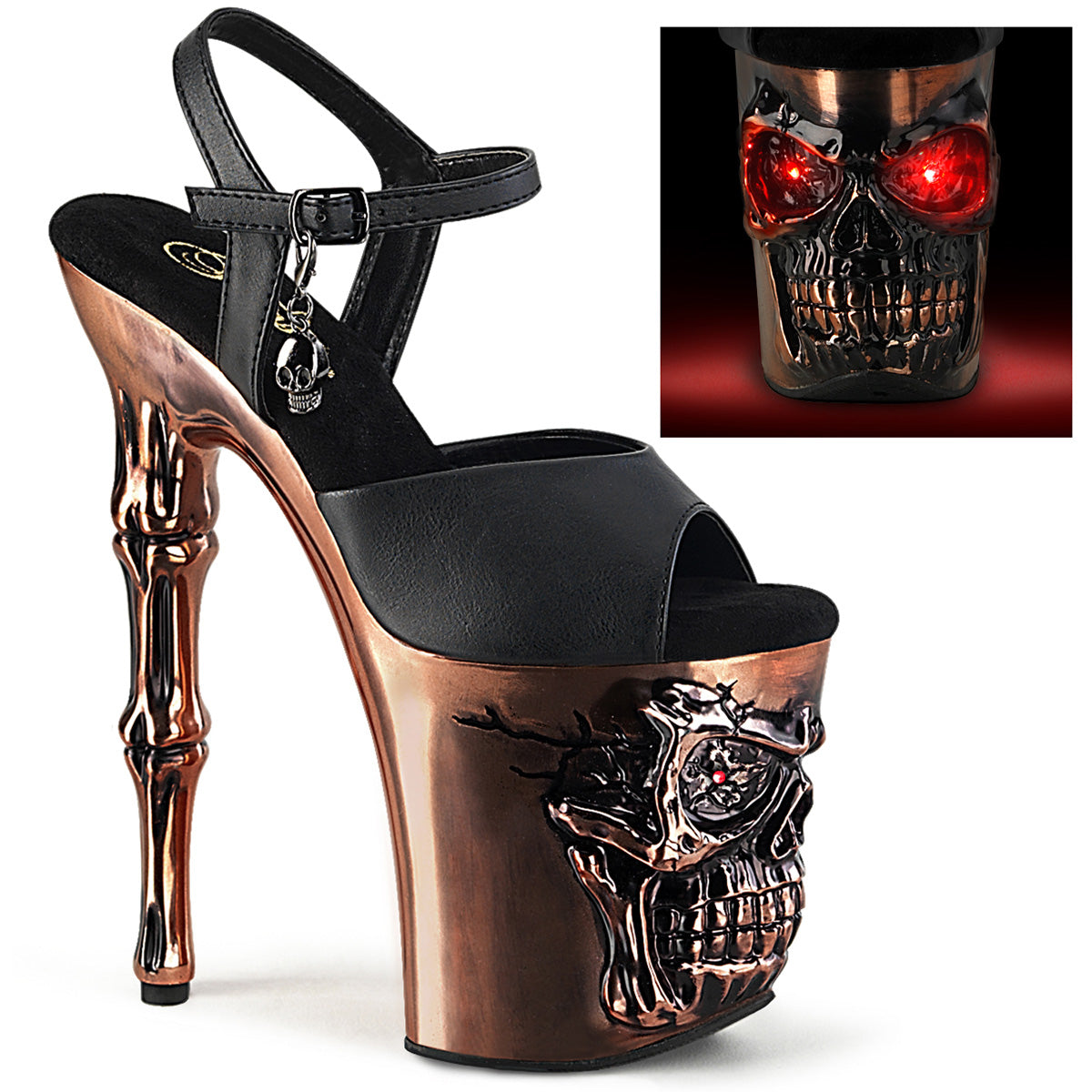 RAPTURE-809-LT Pleaser 8" Heel Black Faux Leather/Satin Copper Chrome Platforms (Exotic Dancing)